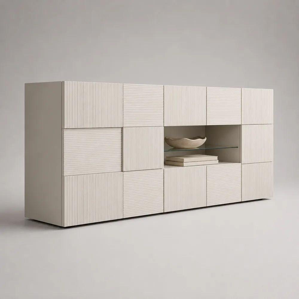 Buffet rectangulaire 13 portes en MDF laqué et verre, blanc cassé, 240 × 40 × 120 cm