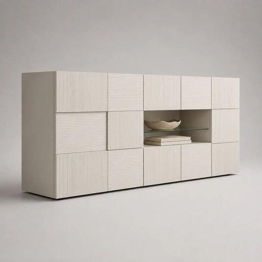 Buffet rectangulaire 13 portes en MDF laqué et verre, blanc cassé, 240 × 40 × 120 cm