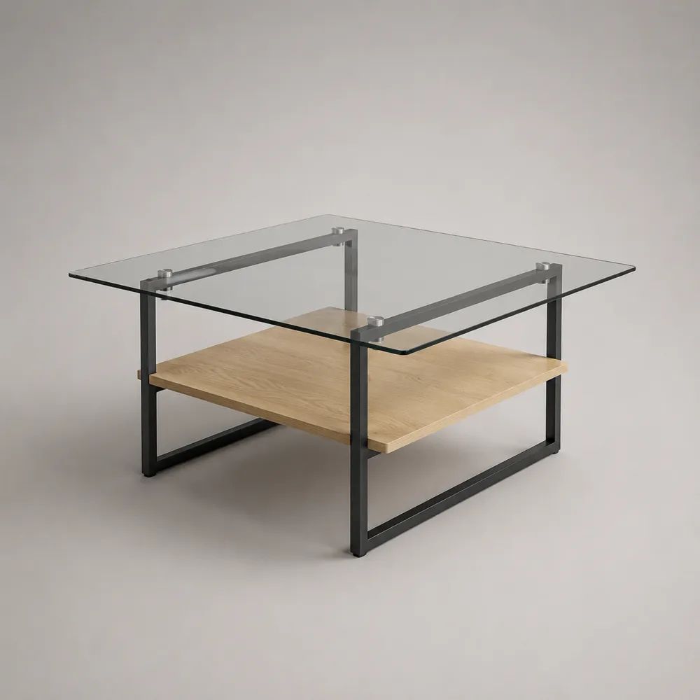 Table basse carrée en verre trempé et MDF plaqué chêne clair, structure en acier noir, 80 × 80 × 45 cm