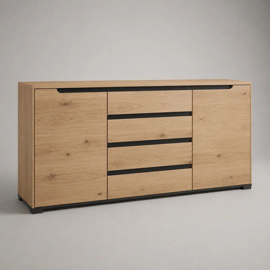 Buffet en panneaux mélaminés à 2 portes et 4 tiroirs, chêne naturel et noir, 160 × 40 × 85 cm