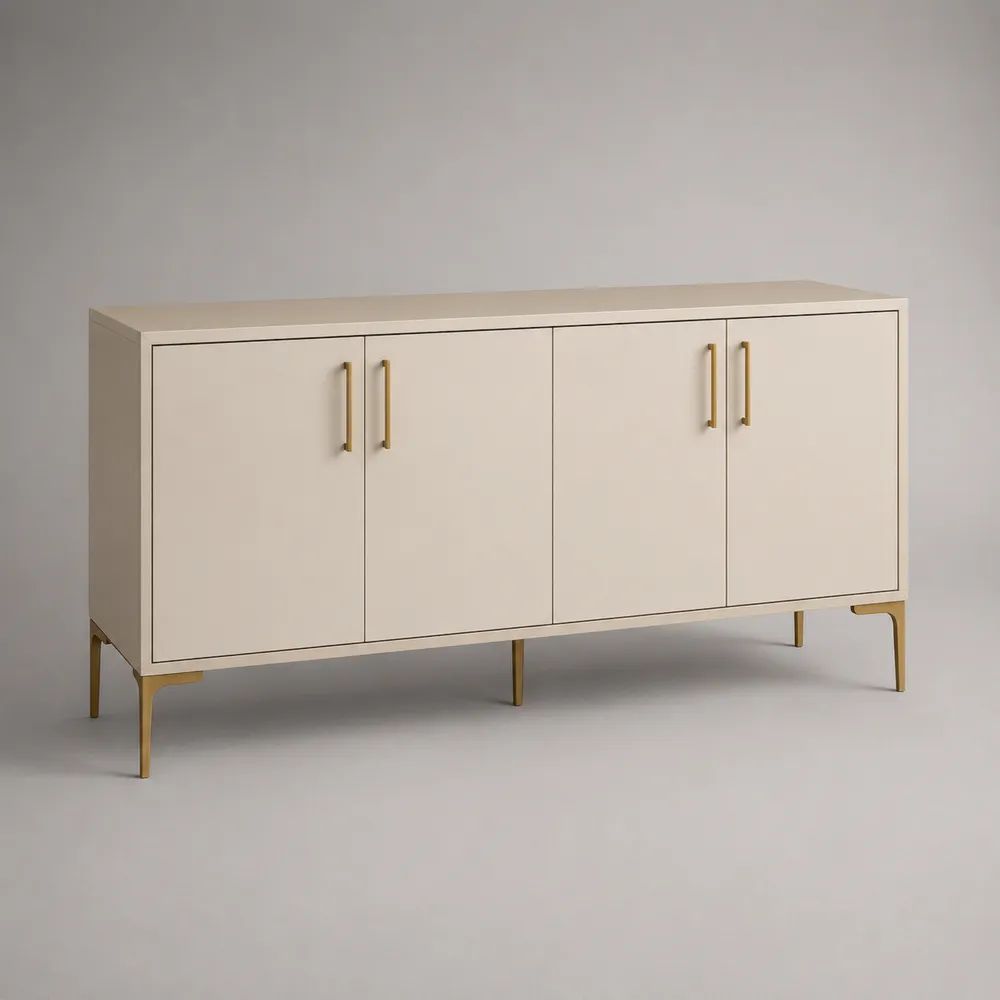 Buffet rectangulaire 4 portes en MDF et acier beige et laiton, 160 × 40 × 80 cm