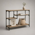 Console d’entrée rectangulaire en bois et acier avec 3 étagères, chêne clair et noir, 120 × 35 × 100 cm