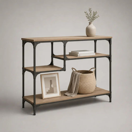 Console d’entrée rectangulaire en bois et acier avec 3 étagères, chêne clair et noir, 120 × 35 × 100 cm