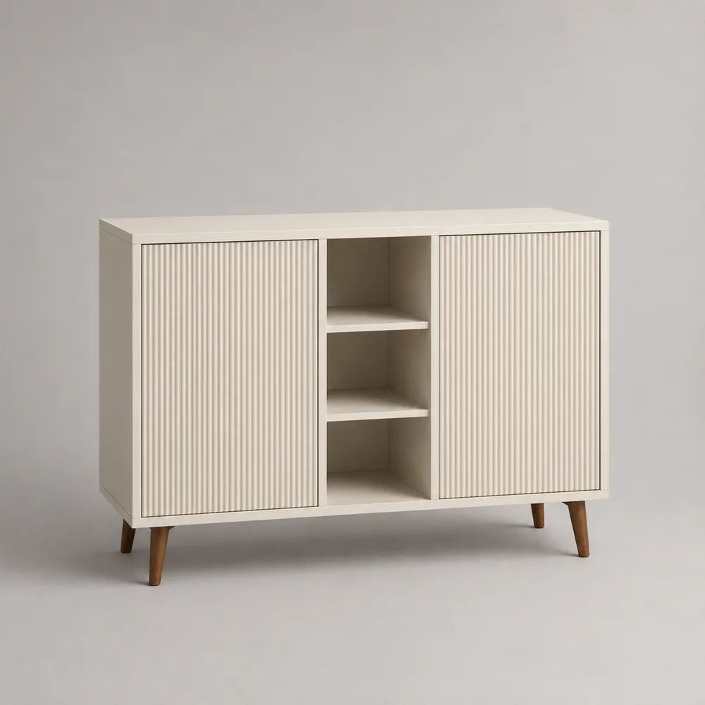 Buffet 2 portes en MDF rainuré blanc cassé et marron avec 3 niches, 120 × 40 × 85 cm