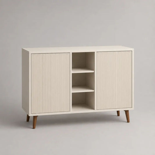 Buffet 2 portes en MDF rainuré blanc cassé et marron avec 3 niches, 120 × 40 × 85 cm