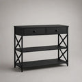 Console rectangulaire en acier noir avec 2 tiroirs et 2 étagères, 100 × 35 × 80 cm