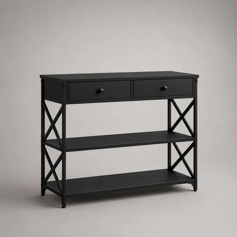 Console rectangulaire en acier noir avec 2 tiroirs et 2 étagères, 100 × 35 × 80 cm