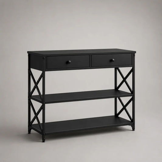 Console rectangulaire en acier noir avec 2 tiroirs et 2 étagères, 100 × 35 × 80 cm