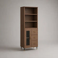 Buffet haut rectangulaire en MDF mélaminé avec porte vitrée, 3 tiroirs et 3 étagères, brun noyer/noir/laiton, 70 × 40 × 180 cm