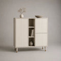 Buffet haut rectangulaire en MDF blanc cassé et métal doré, 3 portes et 3 niches, 120 x 40 x 115 cm