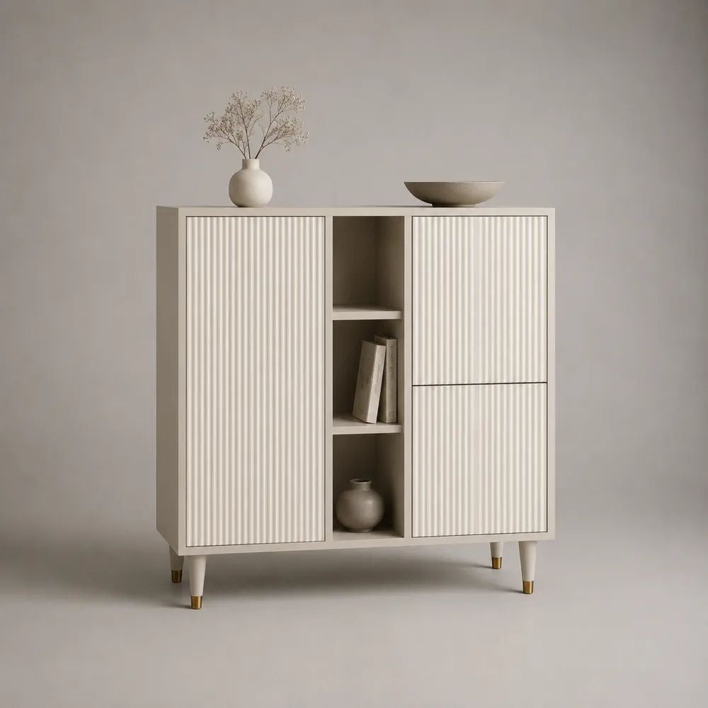 Buffet haut rectangulaire en MDF blanc cassé et métal doré, 3 portes et 3 niches, 120 x 40 x 115 cm