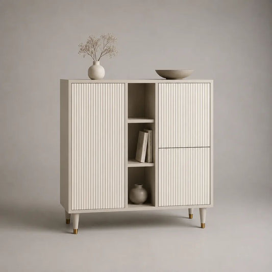 Buffet haut rectangulaire en MDF blanc cassé et métal doré, 3 portes et 3 niches, 120 x 40 x 115 cm
