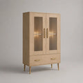 Vitrine vaisselier à 2 portes vitrées et 1 tiroir en MDF plaqué chêne, métal et verre, chêne clair, 90 × 40 × 160 cm