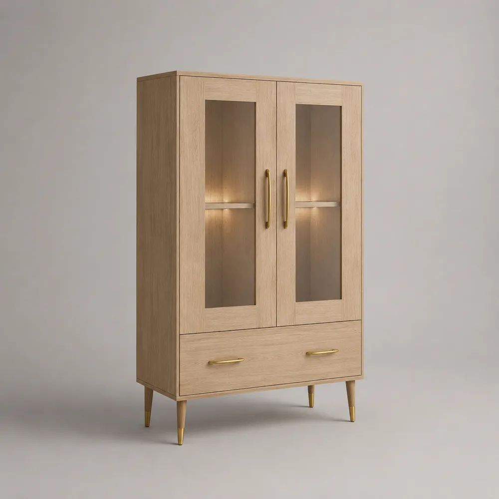 Vitrine vaisselier à 2 portes vitrées et 1 tiroir en MDF plaqué chêne, métal et verre, chêne clair, 90 × 40 × 160 cm