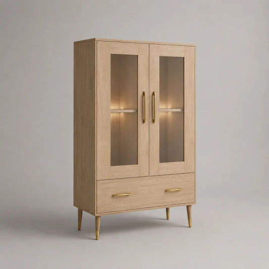 Vitrine vaisselier à 2 portes vitrées et 1 tiroir en MDF plaqué chêne, métal et verre, chêne clair, 90 × 40 × 160 cm