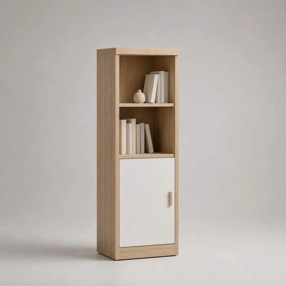 Meuble colonne de rangement en bois avec porte et 2 niches, chêne clair et blanc, 50 × 35 × 160 cm