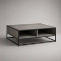 Table basse rectangulaire avec rangement en MDF mélaminé effet béton et acier noir, 100 × 60 × 45 cm