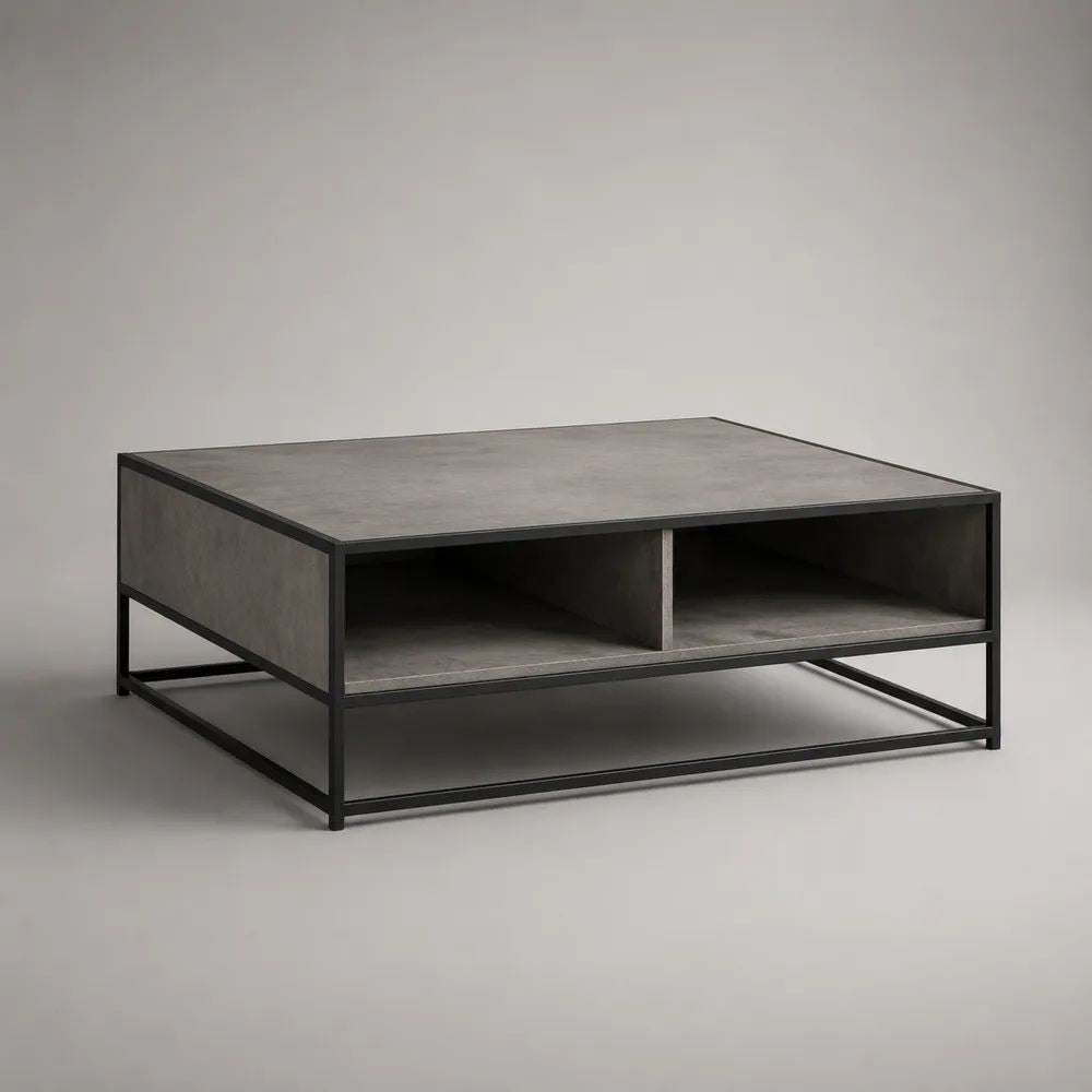 Table basse rectangulaire avec rangement en MDF mélaminé effet béton et acier noir, 100 × 60 × 45 cm