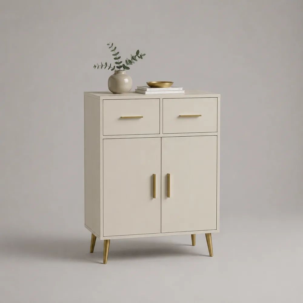 Buffet haut rectangulaire en MDF beige et métal doré, 2 portes et 2 tiroirs, 80 × 40 × 120 cm