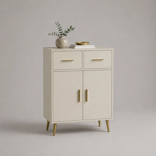 Buffet haut rectangulaire en MDF beige et métal doré, 2 portes et 2 tiroirs, 80 × 40 × 120 cm