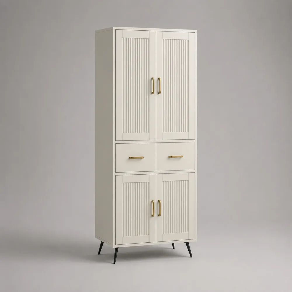 Buffet haut de rangement en MDF blanc cassé avec 4 portes et 2 tiroirs, 80 × 40 × 180 cm
