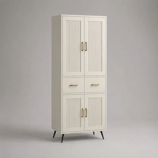 Buffet haut de rangement en MDF blanc cassé avec 4 portes et 2 tiroirs, 80 × 40 × 180 cm
