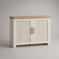 Buffet bas rectangulaire à 2 portes en MDF, blanc cassé et chêne clair avec poignées laiton, 100 × 40 × 85 cm