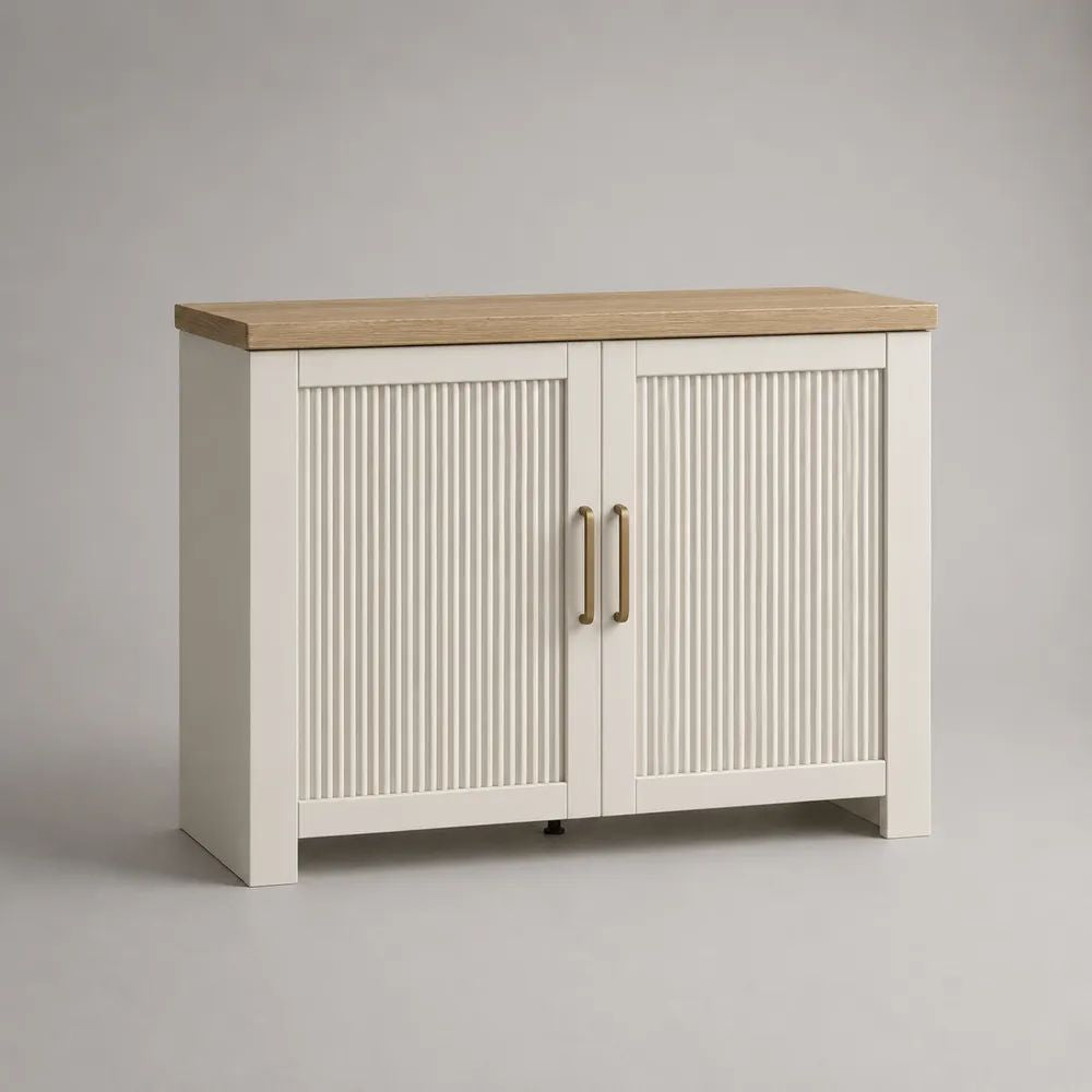 Buffet bas rectangulaire à 2 portes en MDF, blanc cassé et chêne clair avec poignées laiton, 100 × 40 × 85 cm