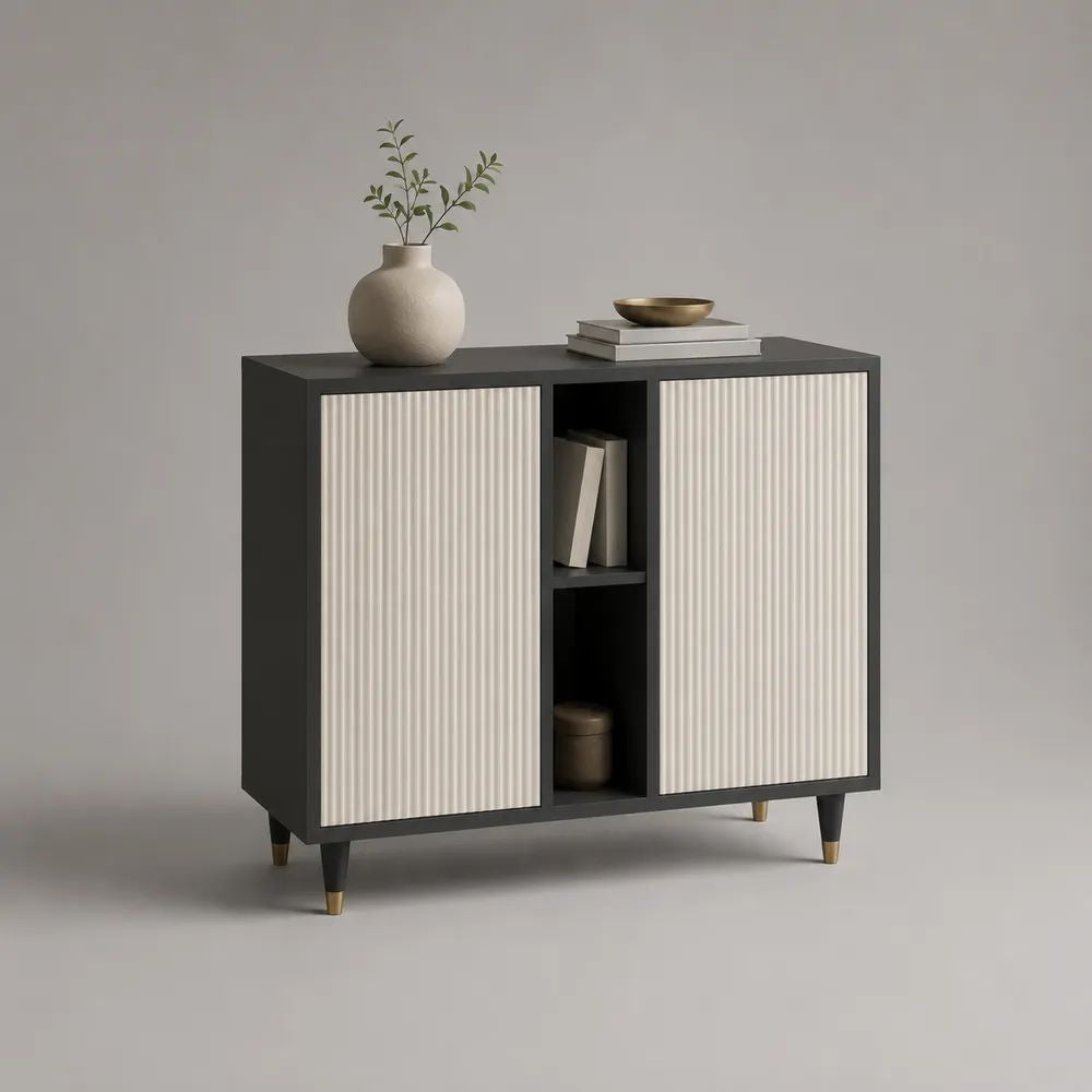 Buffet rectangulaire à 2 portes en MDF rainuré et panneaux de particules, noir et blanc cassé, 100 × 40 × 90 cm