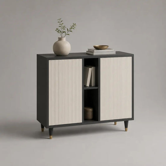 Buffet rectangulaire à 2 portes en MDF rainuré et panneaux de particules, noir et blanc cassé, 100 × 40 × 90 cm