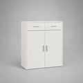 Buffet rectangulaire blanc et argenté à 2 portes et 2 tiroirs en panneaux de particules mélaminés, 80 × 35 × 100 cm