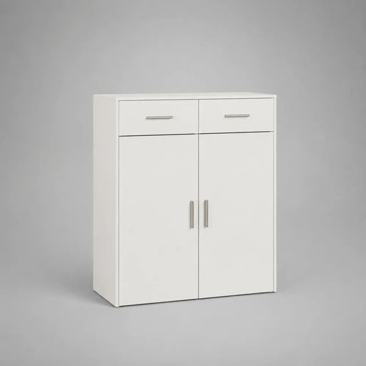 Buffet rectangulaire blanc et argenté à 2 portes et 2 tiroirs en panneaux de particules mélaminés, 80 × 35 × 100 cm
