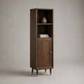 Buffet haut étroit en MDF plaqué noyer brun foncé et métal coloris laiton, 45 × 40 × 160 cm