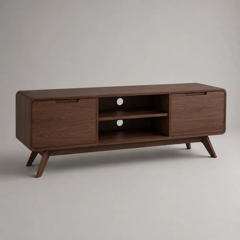 Meuble TV buffet bas en MDF plaqué noyer avec 2 portes et 2 niches, brun noyer foncé, 160 x 40 x 65 cm