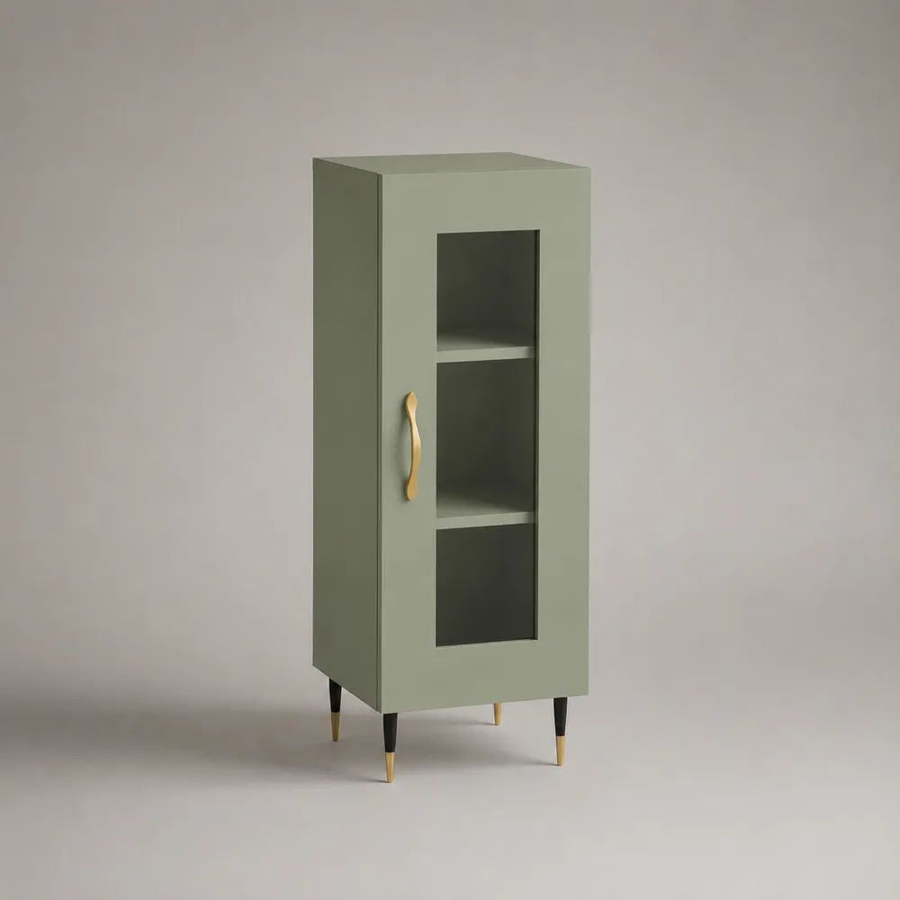 Buffet haut vitré en bois et verre vert sauge 50 × 35 × 140 cm