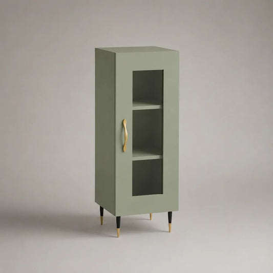 Buffet haut vitré en bois et verre vert sauge 50 × 35 × 140 cm