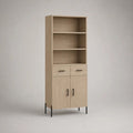 Buffet haut rectangulaire en bois et métal, chêne clair et noir, 3 niches, 2 tiroirs et 2 portes, 70 x 40 x 180 cm