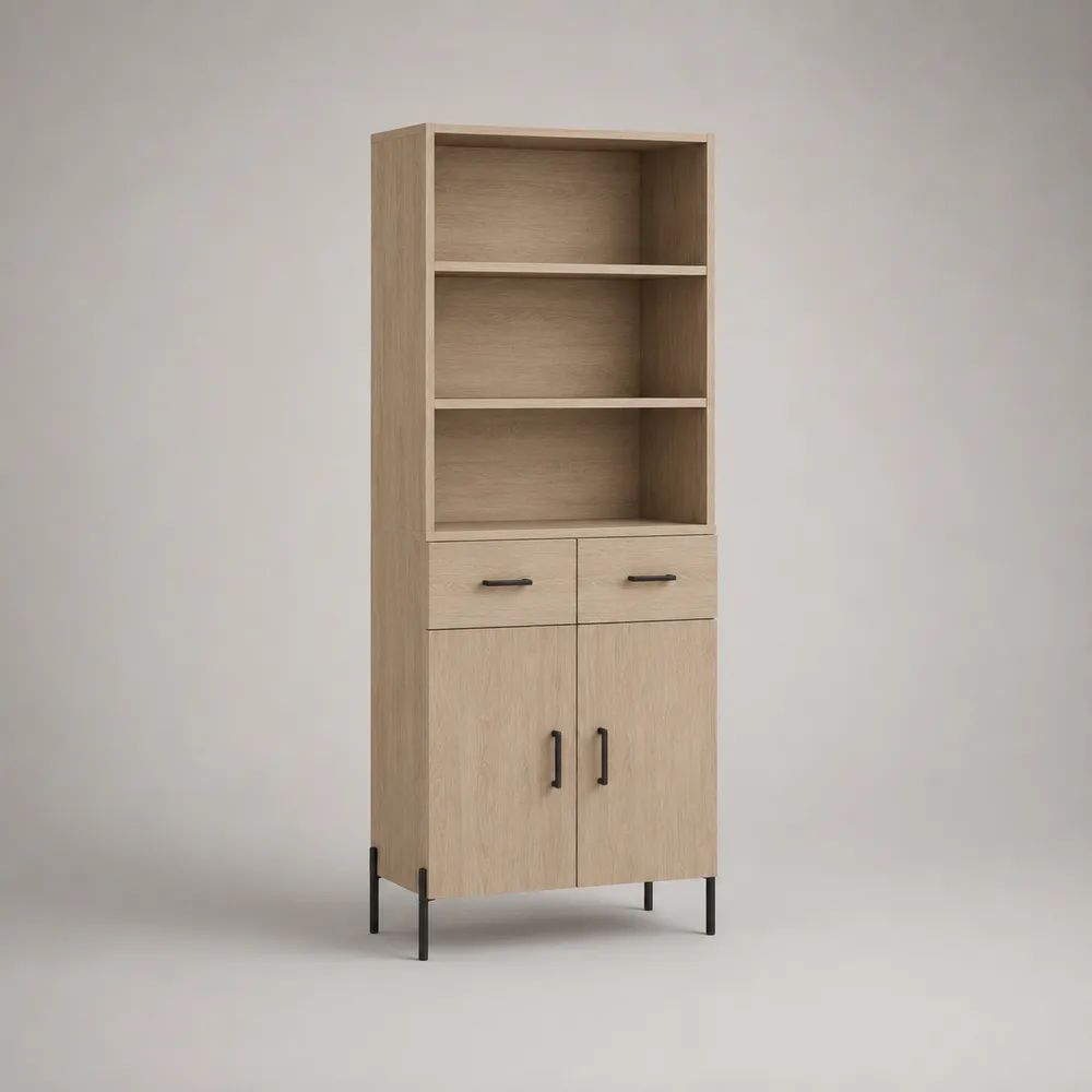 Buffet haut rectangulaire en bois et métal, chêne clair et noir, 3 niches, 2 tiroirs et 2 portes, 70 x 40 x 180 cm