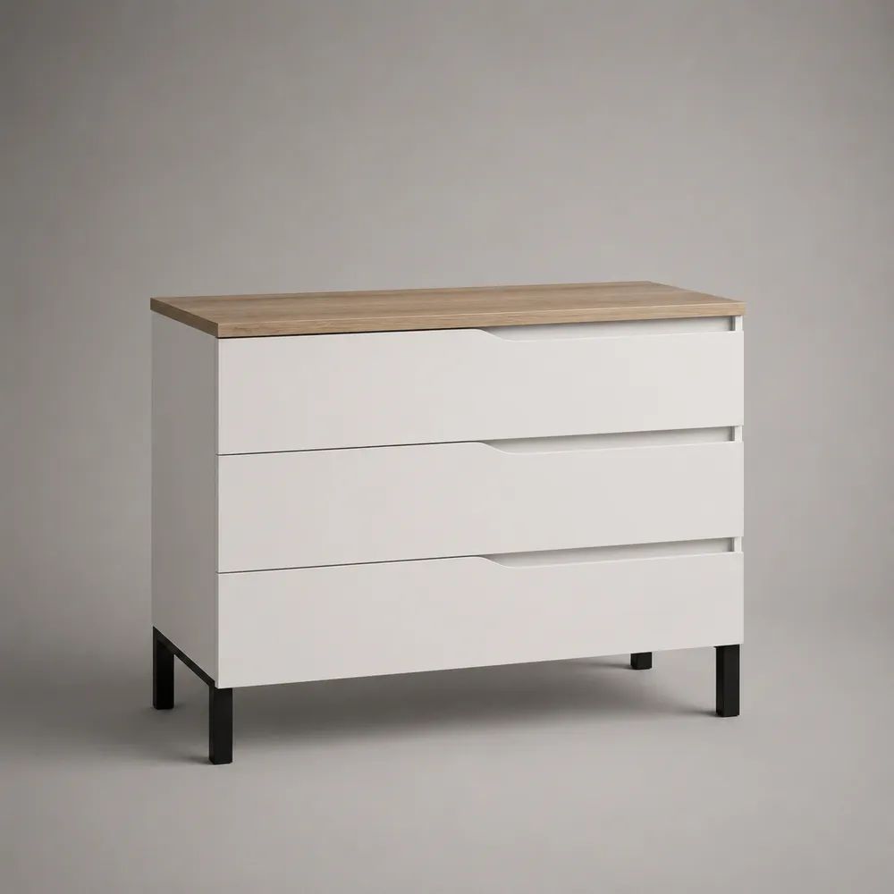 Meuble sous vasque sur pieds à 3 tiroirs en panneaux de particules mélaminés blanc et chêne avec pieds en acier noir, 80 × 46 × 82 cm
