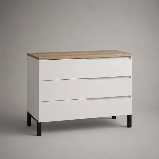 Meuble sous vasque sur pieds à 3 tiroirs en panneaux de particules mélaminés blanc et chêne avec pieds en acier noir, 80 × 46 × 82 cm