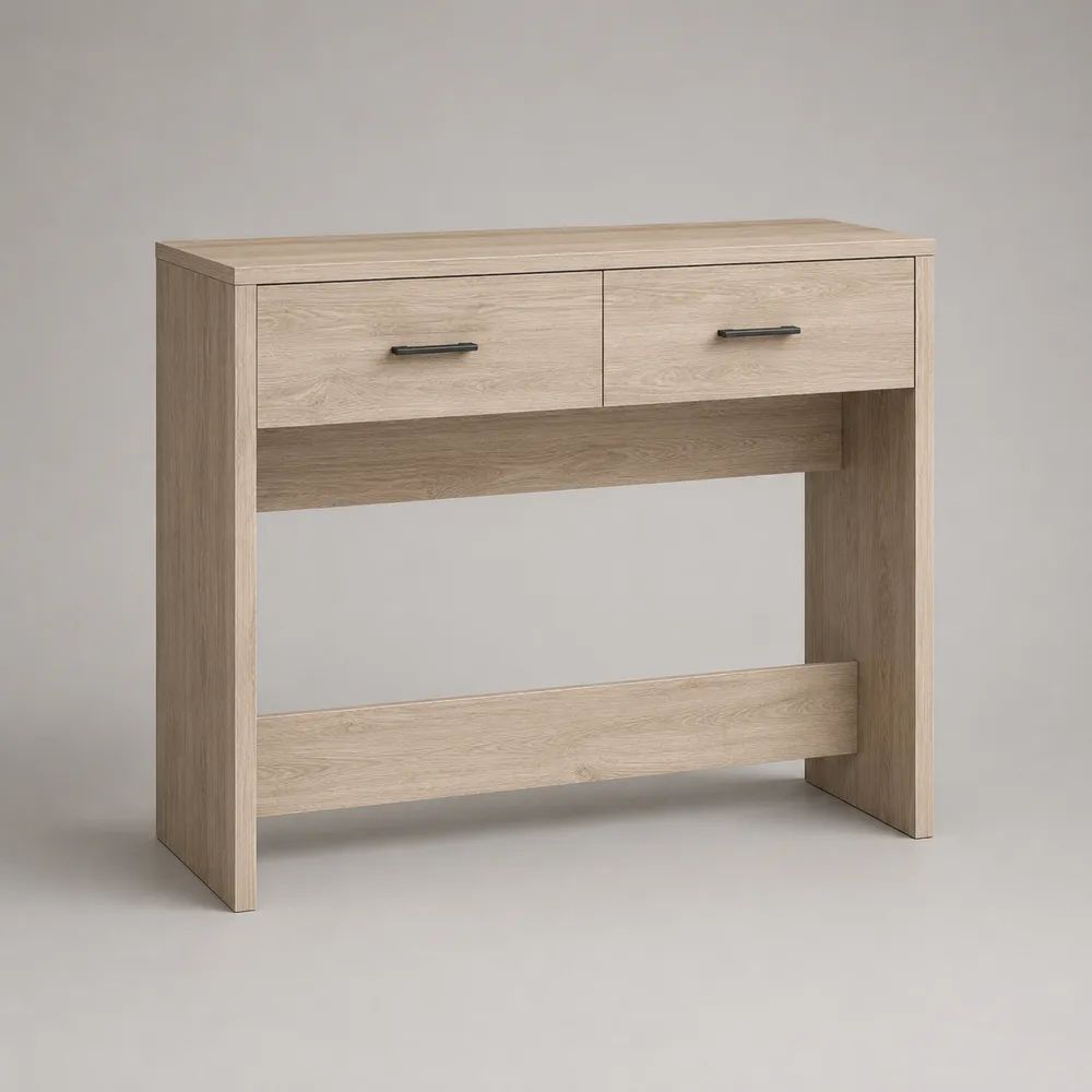 Console rectangulaire en panneaux de particules mélaminés effet chêne clair avec 2 tiroirs, 100 × 35 × 80 cm