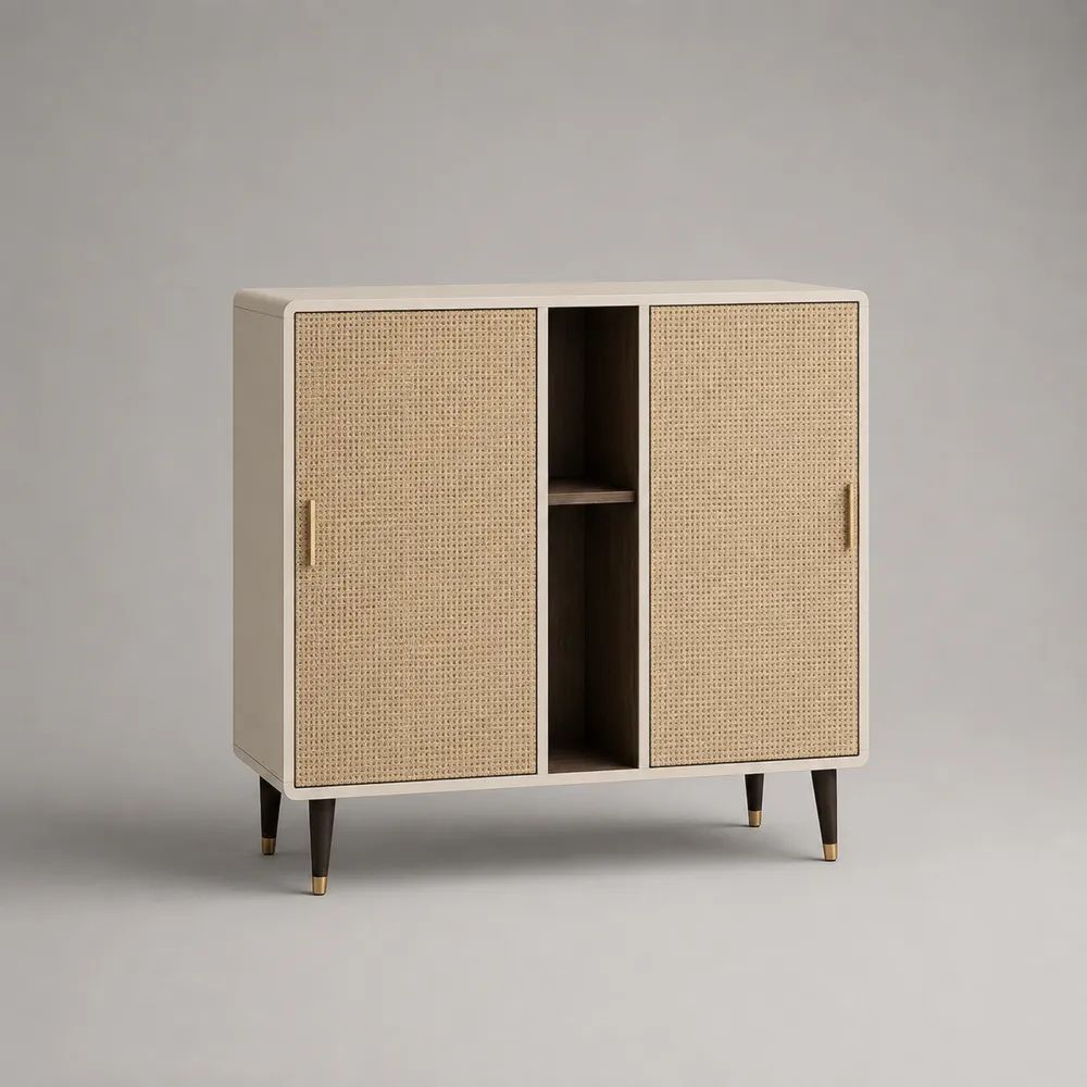 Buffet rectangulaire en MDF avec 2 portes en cannage de rotin, crème et noyer, 100 × 40 × 105 cm