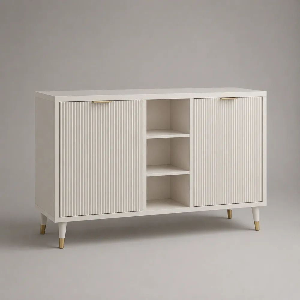 Buffet rectangulaire à 2 portes en MDF blanc et acier doré, 120 × 40 × 90 cm