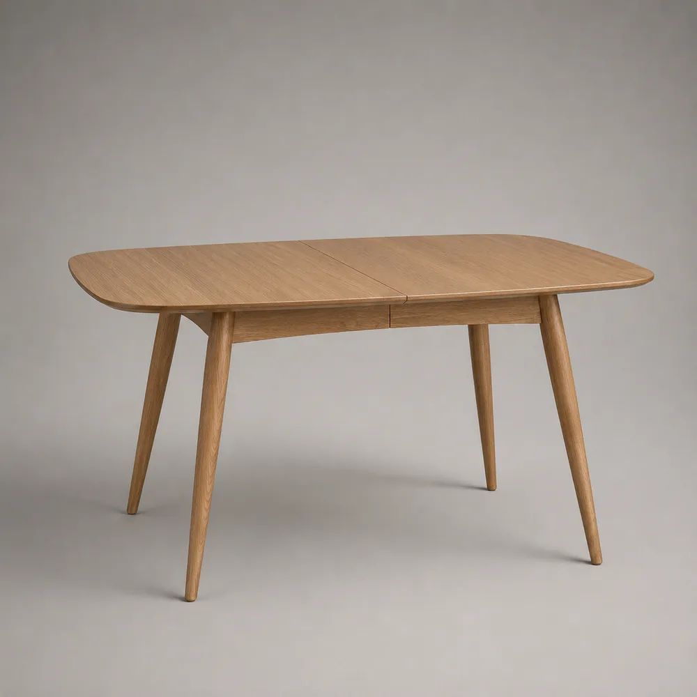 Table à manger extensible rectangulaire à angles arrondis en MDF plaqué chêne et hévéa massif, chêne clair, 120-160 x 80 x 75 cm