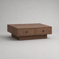 Table basse carrée avec 2 tiroirs en MDF plaqué noyer brun et métal noir, 80 × 80 × 36 cm