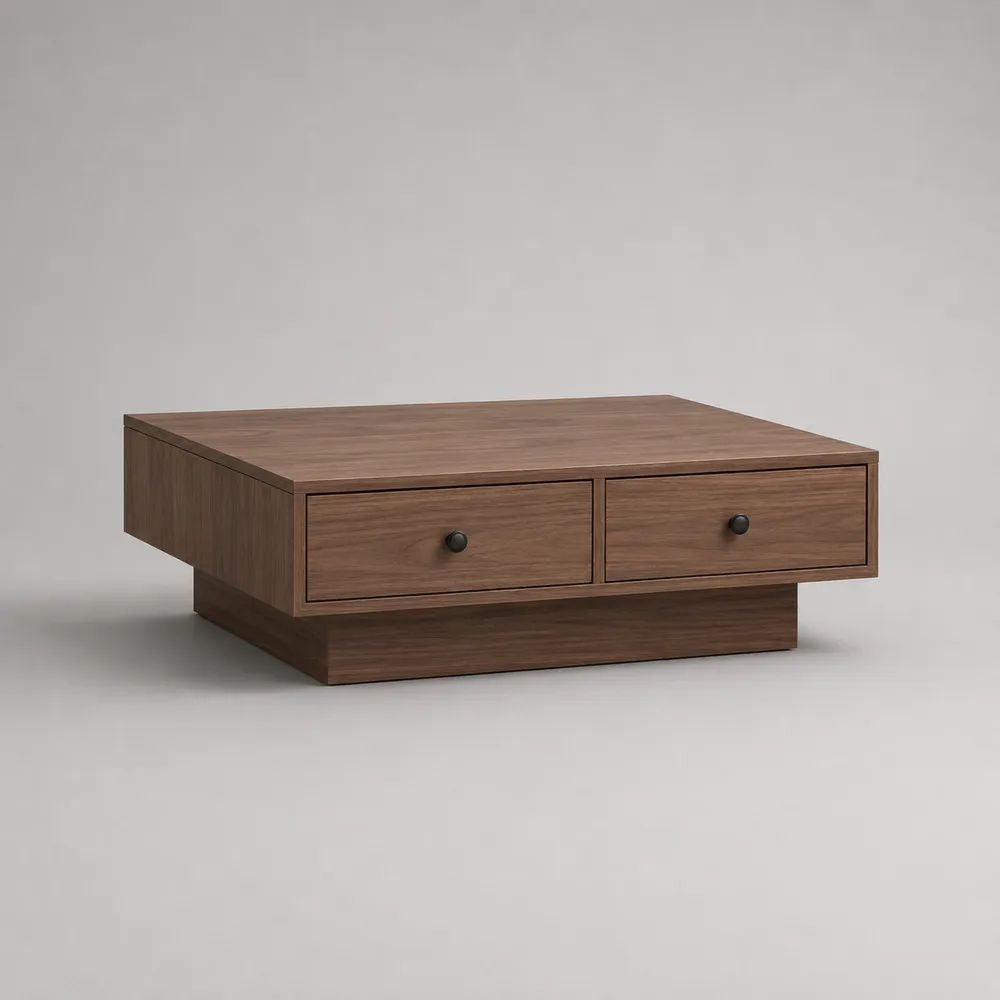 Table basse carrée avec 2 tiroirs en MDF plaqué noyer brun et métal noir, 80 × 80 × 36 cm