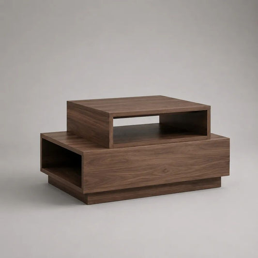 Table basse carrée avec rangements en MDF plaqué noyer brun, 80 x 80 x 45 cm