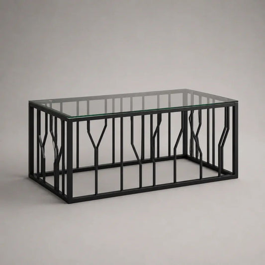 Table basse rectangulaire en verre et acier noir, 100 × 60 × 45 cm