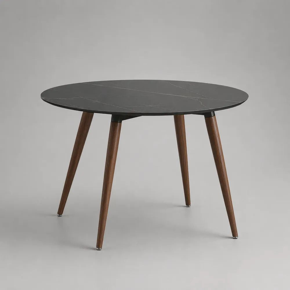 Table à manger ronde en MDF effet marbre noir avec pieds en bois massif brun, Ø 100 × H 75 cm