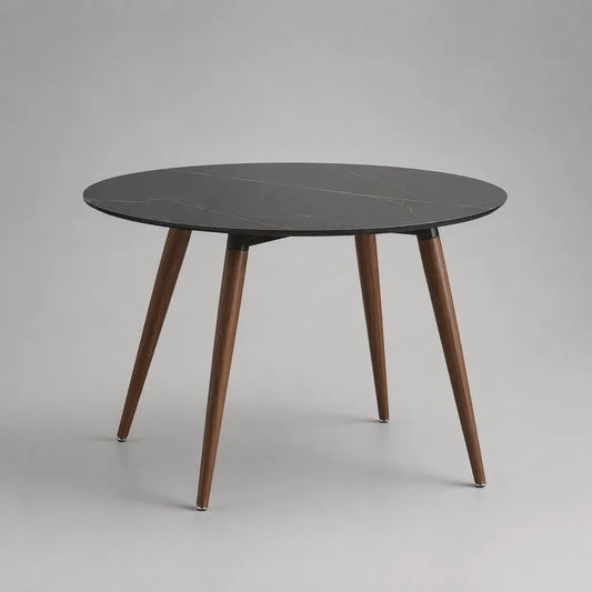 Table à manger ronde en MDF effet marbre noir avec pieds en bois massif brun, Ø 100 × H 75 cm